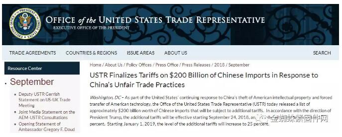 9月24日起美国对2,000亿美元中国商品加征关税